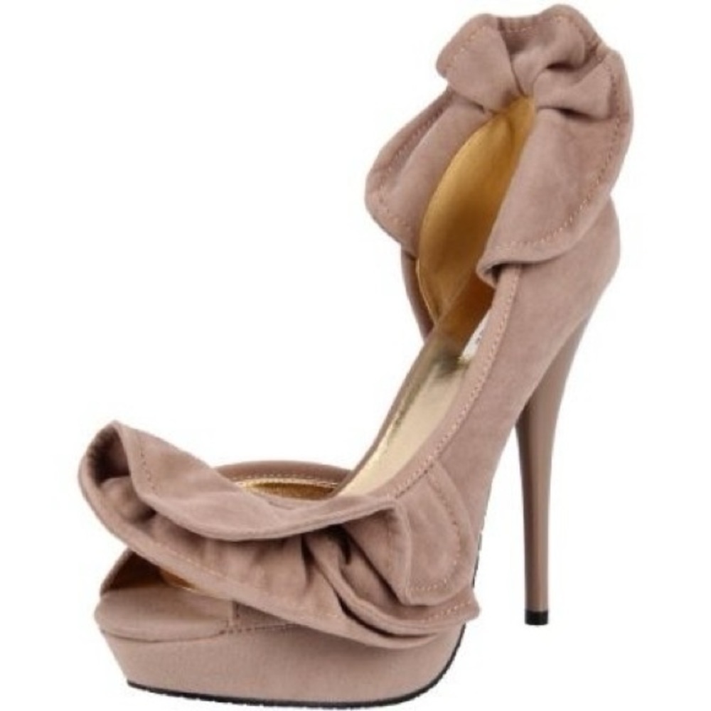 Lovely People tan taupe brown ruffle frill peep toe platform high heel Sz 8.5-9